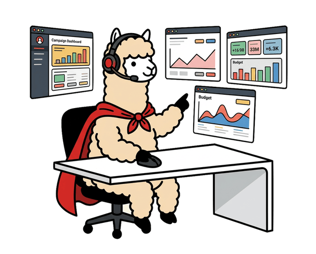 Alphie the alpaca as a hands-on specialist with headset and screens